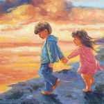 two children walking beside lake at sunset